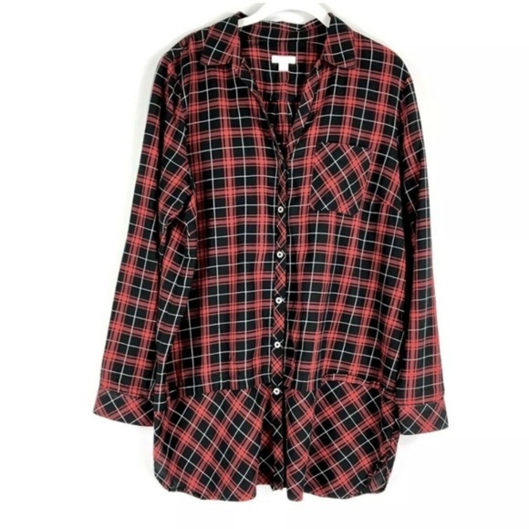 J Jill Top Red Black Plaid Button Down Tunic - Picture 1 of 5